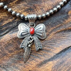 925 Sterling Silver Red Coral Bow Pendant w/ Feather Detail • Southwestern •